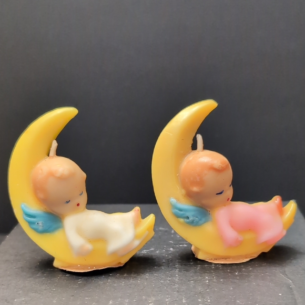 VGT 1950s Gurley Novelty Co,Set Of 2 Angel Babies Sleeping On The Moon Candles.